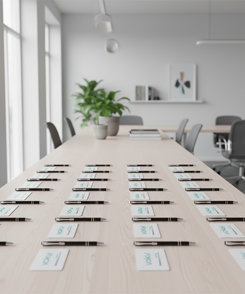 Ett l&aring;ngt konferensbord i tr&auml; i ett ljust, modernt kontor &auml;r dukat med rader av svarta pennor och vita kort med "voky"-logotypen.