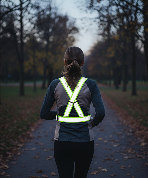 En kvinna sedd bakifrån springer på en lövbelagd stig i skymningen och bär en limegrön reflexsele med reflekterande kors- och horisontella band.